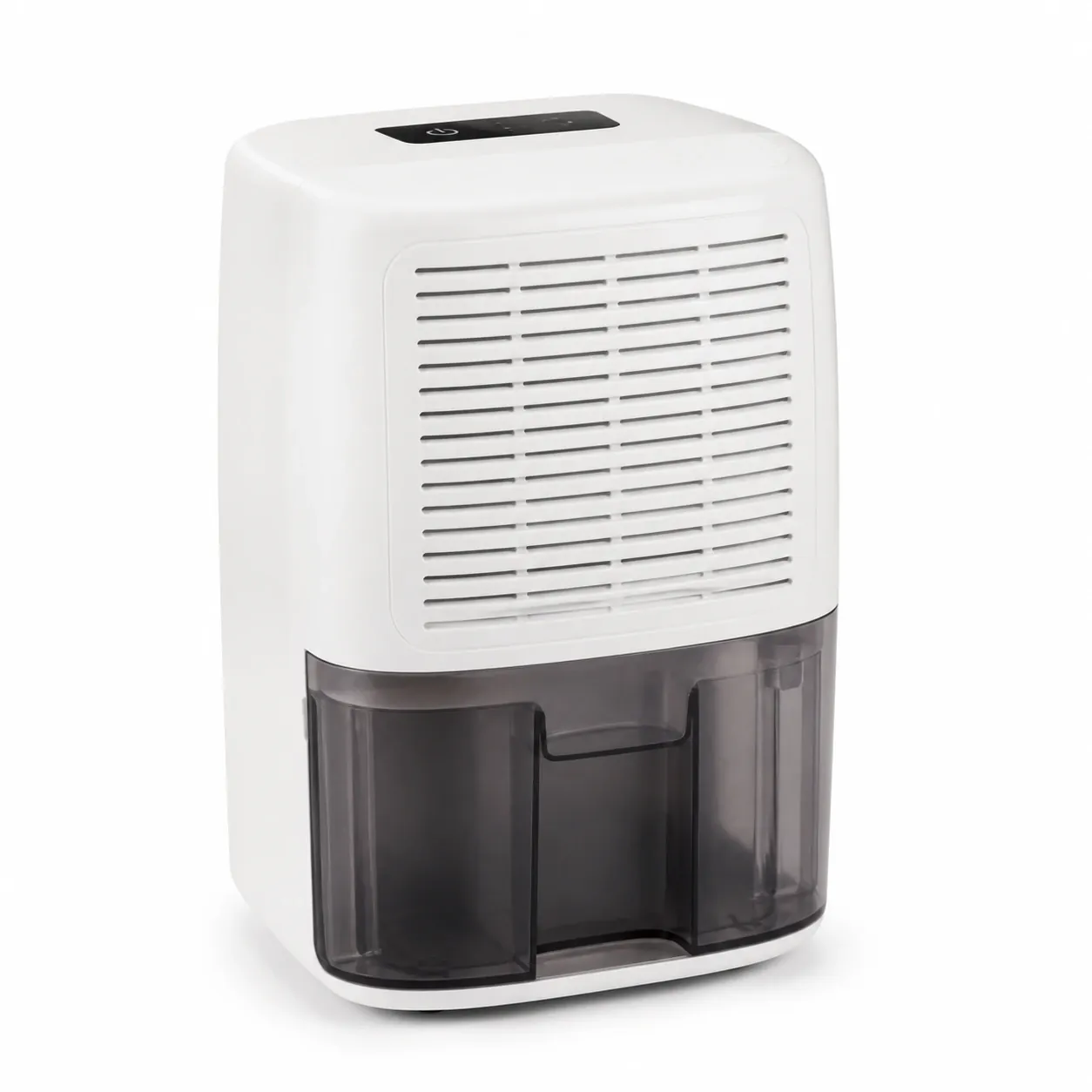 Compact white dehumidifier with a clear water tank on a plain background