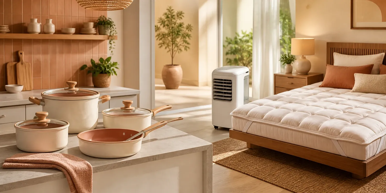 Cookware, a portable cooler and a mattress topper in a warm home