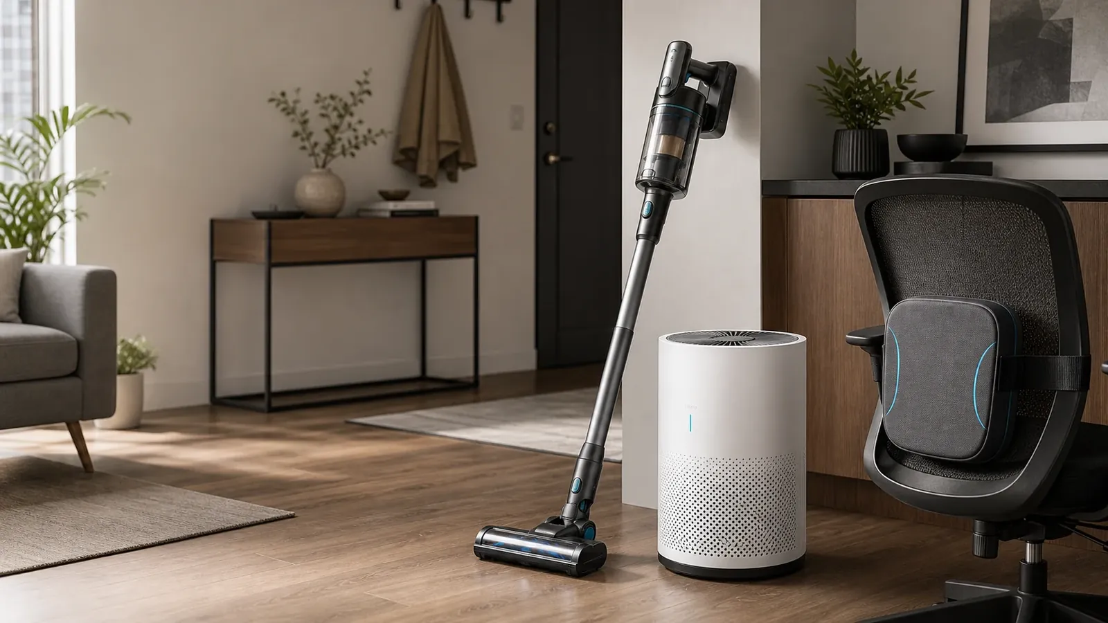Cordless vacuum and air purifier in a bright hallway with oak flooring