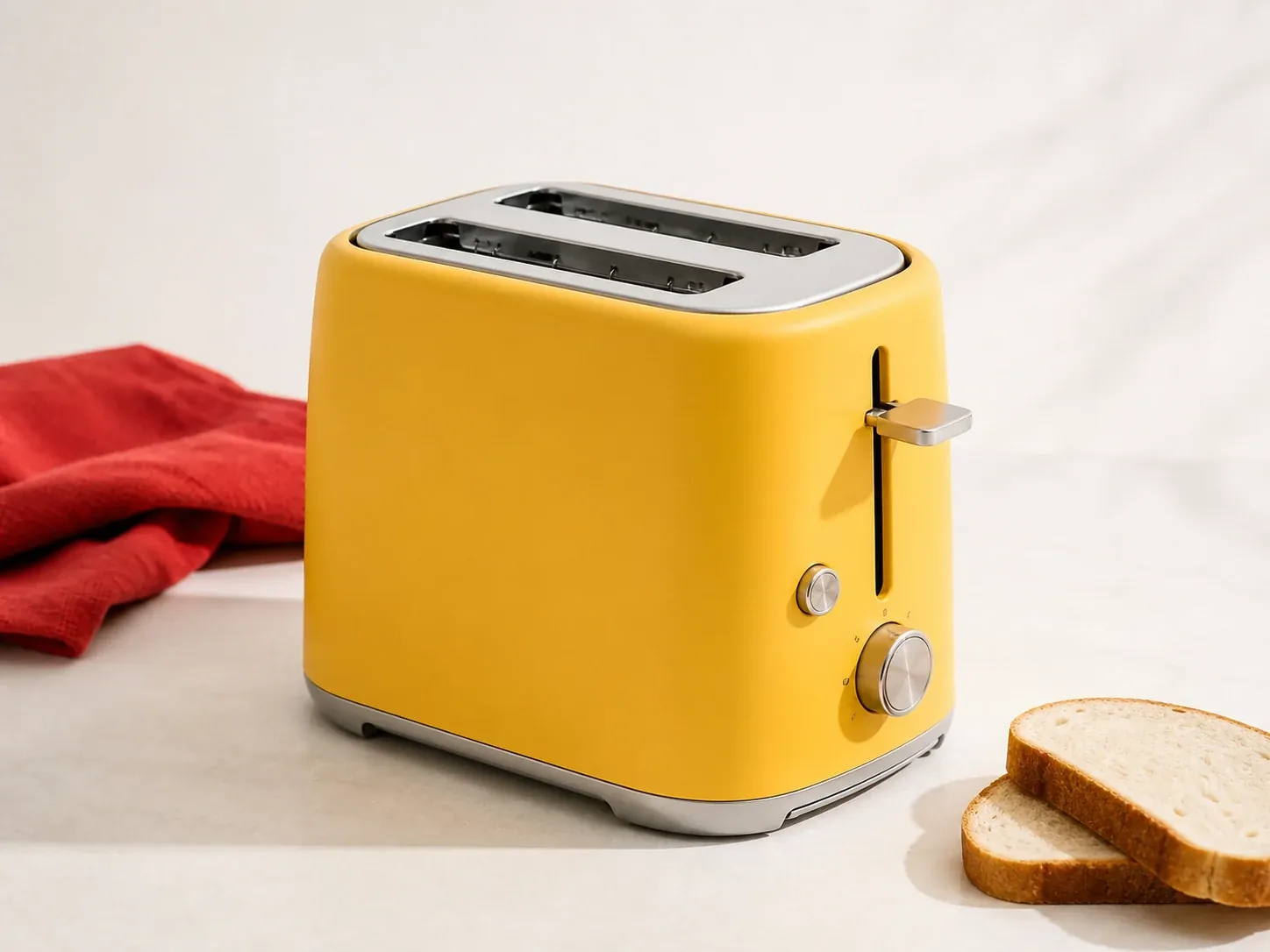 Yellow two-slice toaster on a kitchen worktop beside slices of bread