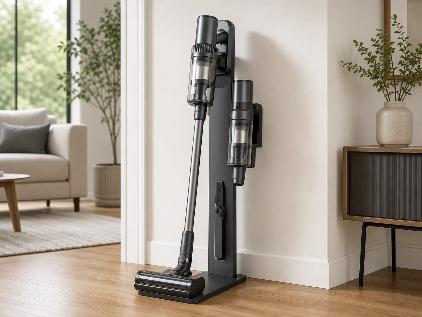Cordless stick vacuum standing on its dock in a bright living room